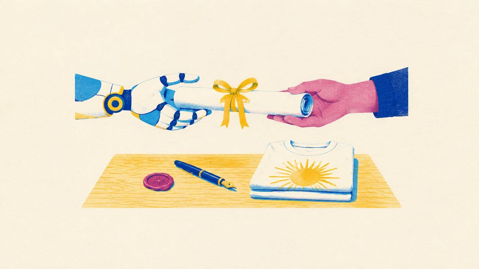 A robotic hand and a human hand passing a rolled-up art print across a desk beside a wax seal and a folded t-shirt