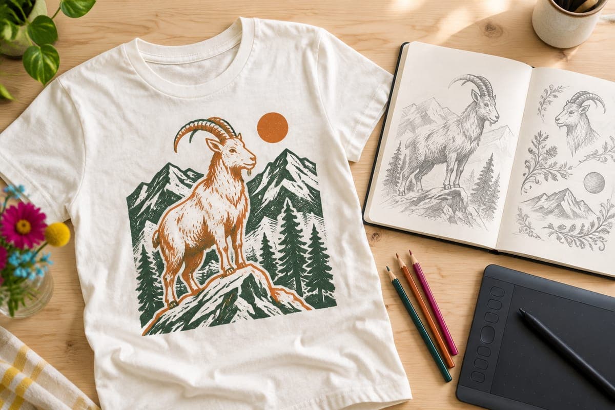 A t-shirt with a mountain goat print next to a sketchbook of pencil sketches, a drawing tablet and colored pencils
