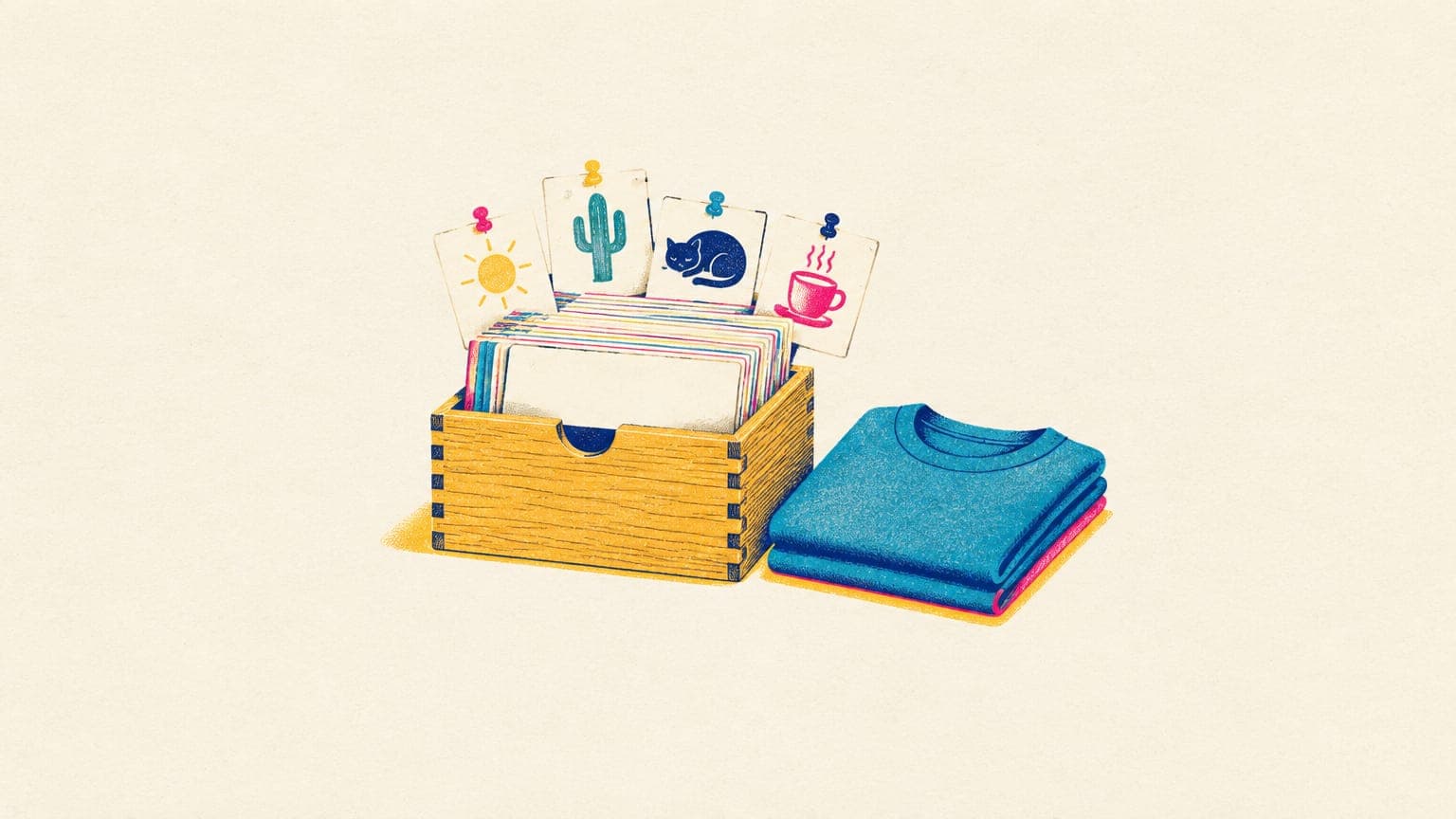Recipe-card box of blank index cards with tiny doodle icons pinned up, beside a folded t-shirt