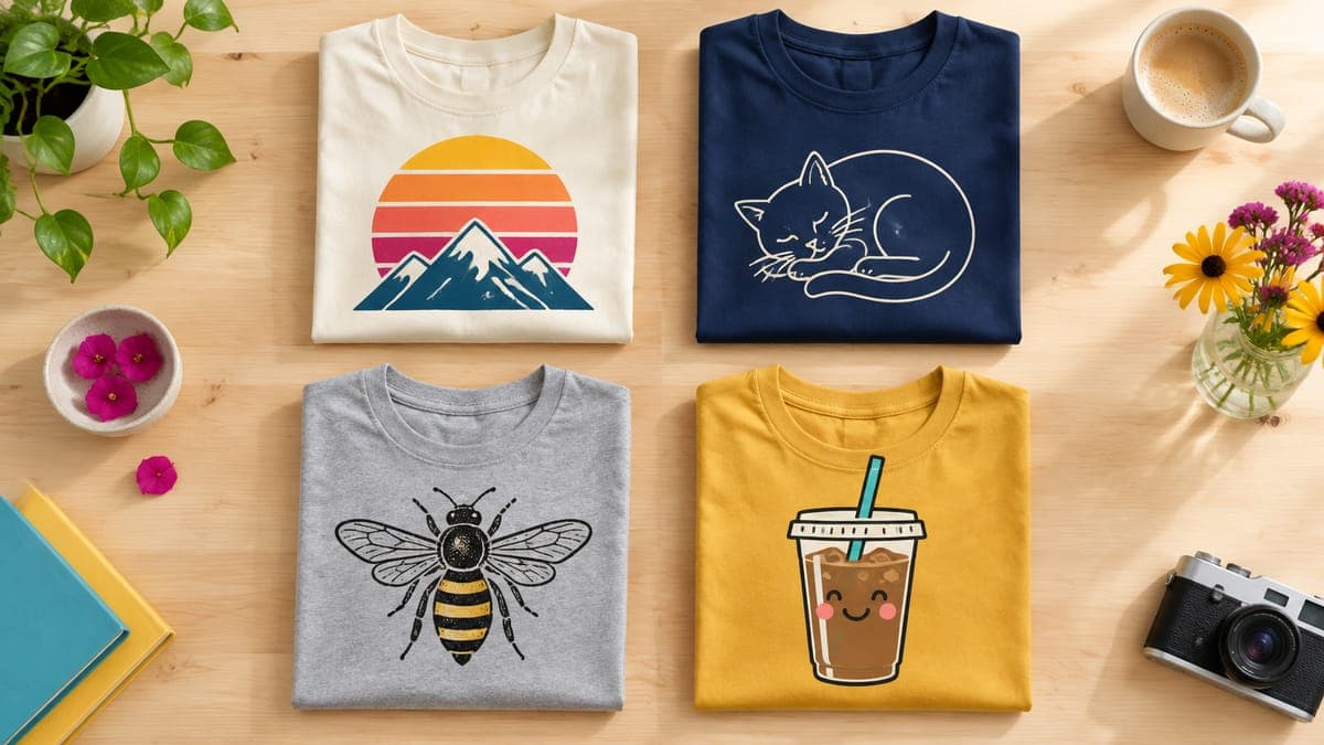 Four folded t-shirts with flat-color graphics: retro sunset, line-art cat, linocut bee and cute iced coffee cup