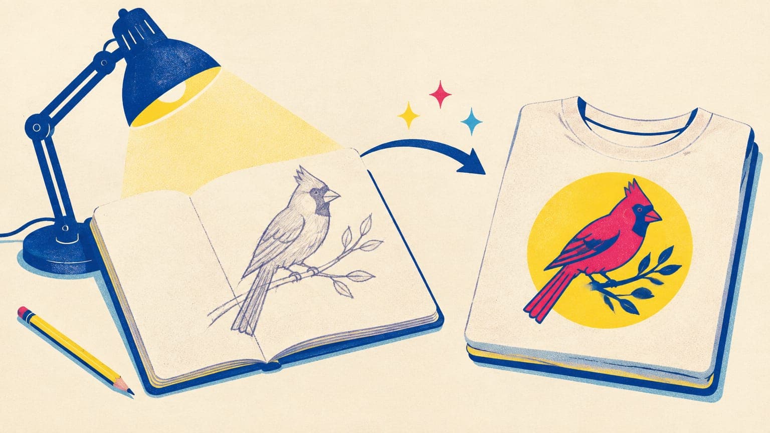 Sketchbook with a pencil cardinal drawing turning into a clean printed badge on a folded t-shirt under a desk lamp