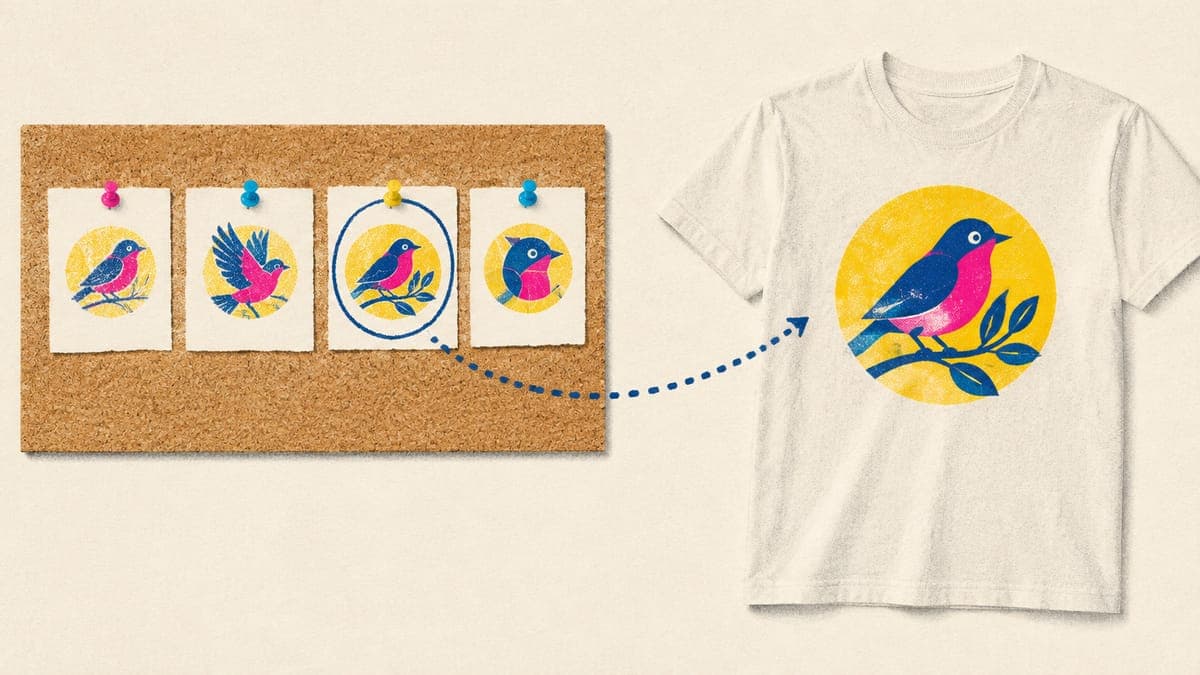 Four rough bird badge drafts on a corkboard, one circled and linked to a crisp finished badge on a t-shirt