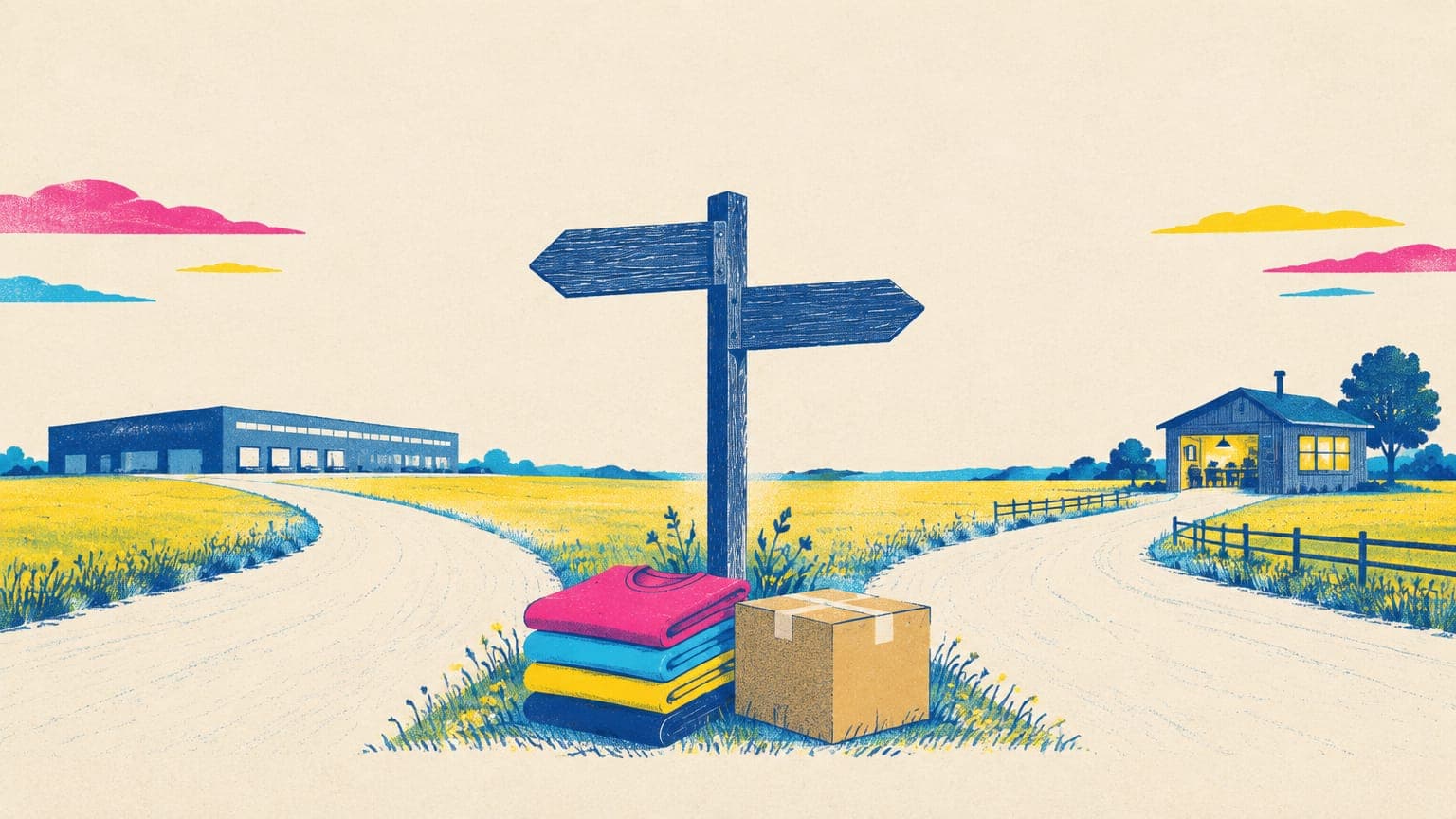 Signpost with two blank arrows beside folded t-shirts and a parcel, one road to a warehouse and one to a small workshop