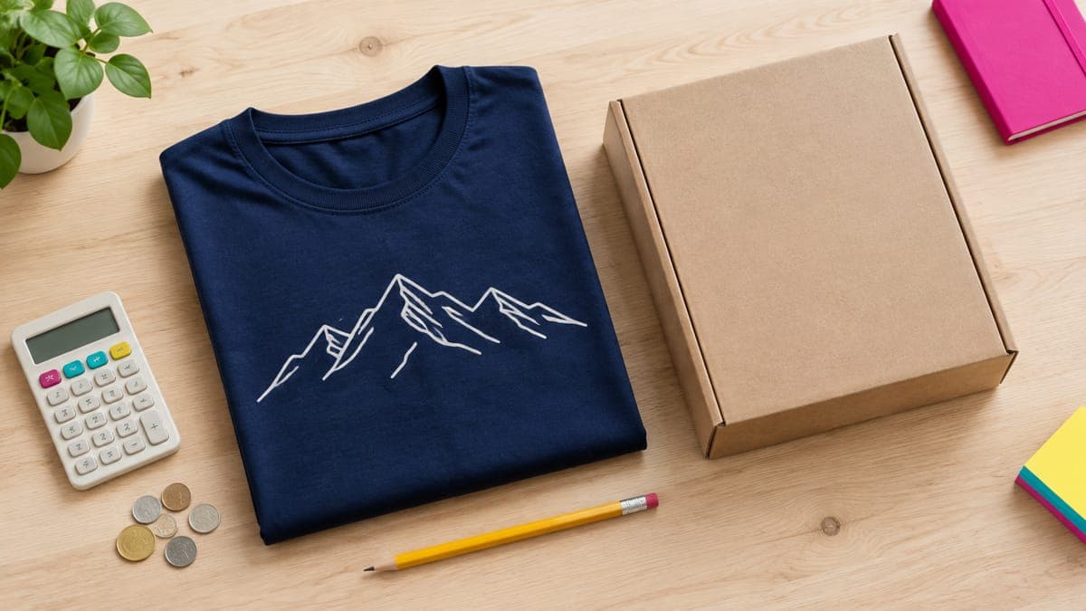 Navy t-shirt with a mountain print beside a mailer box, calculator, coins and pencil on a wooden table