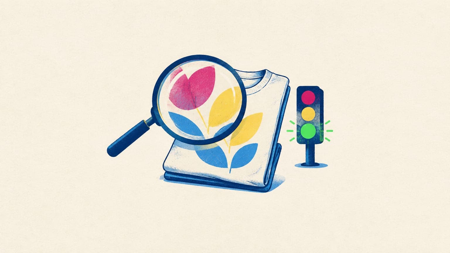 Magnifying glass over a folded t-shirt with a leaf design, beside a small traffic light showing green