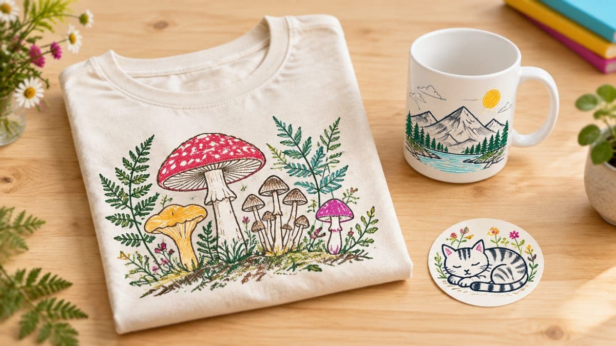 Flat lay of a t-shirt with mushrooms and ferns, a mug with mountains and a sticker with a sleepy cat doodle
