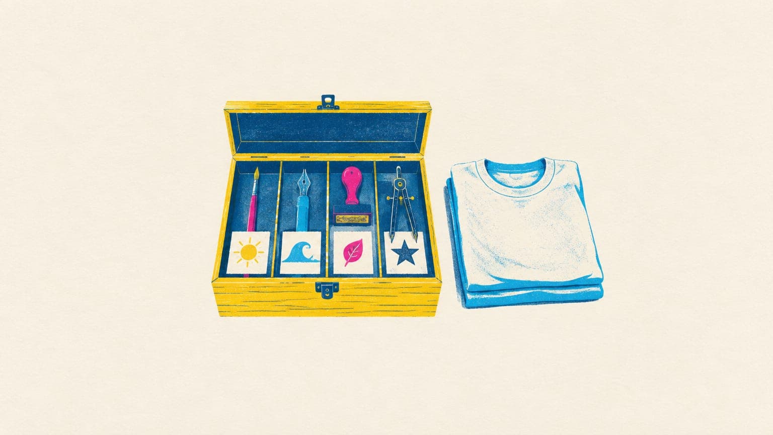Toolbox of four different drawing tools, each beside a small printed motif swatch, next to a folded blank t-shirt