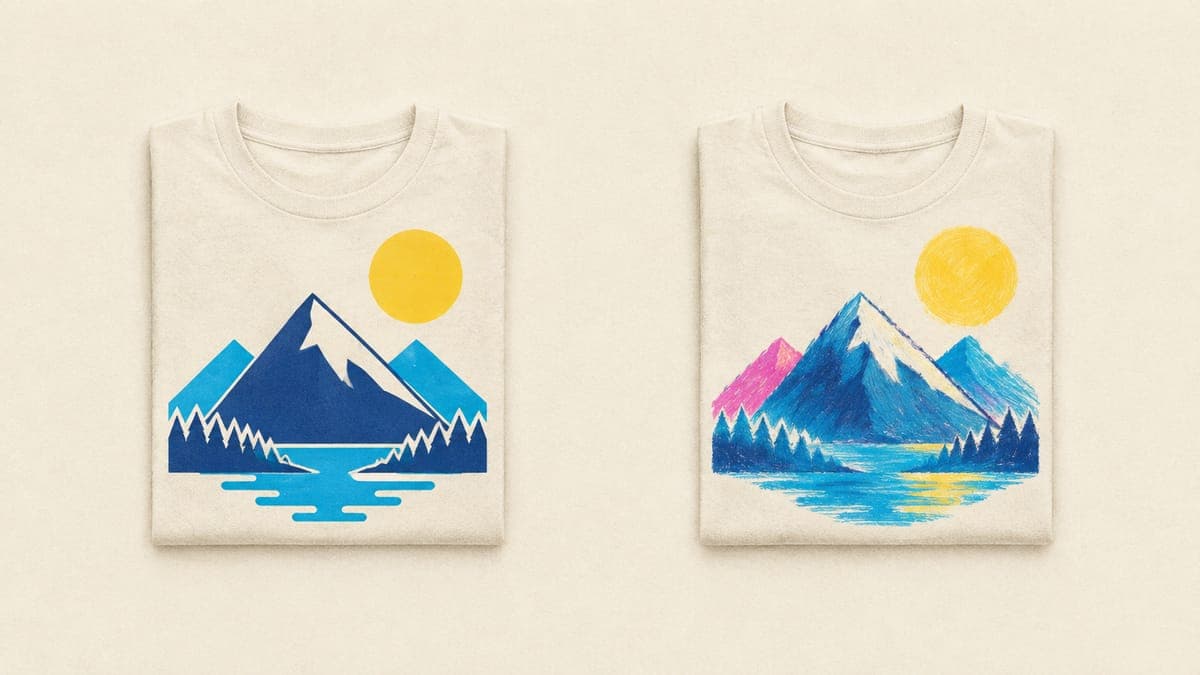 Two t-shirts: one with a crisp flat mountain and sun graphic, one with the same scene in soft painterly style