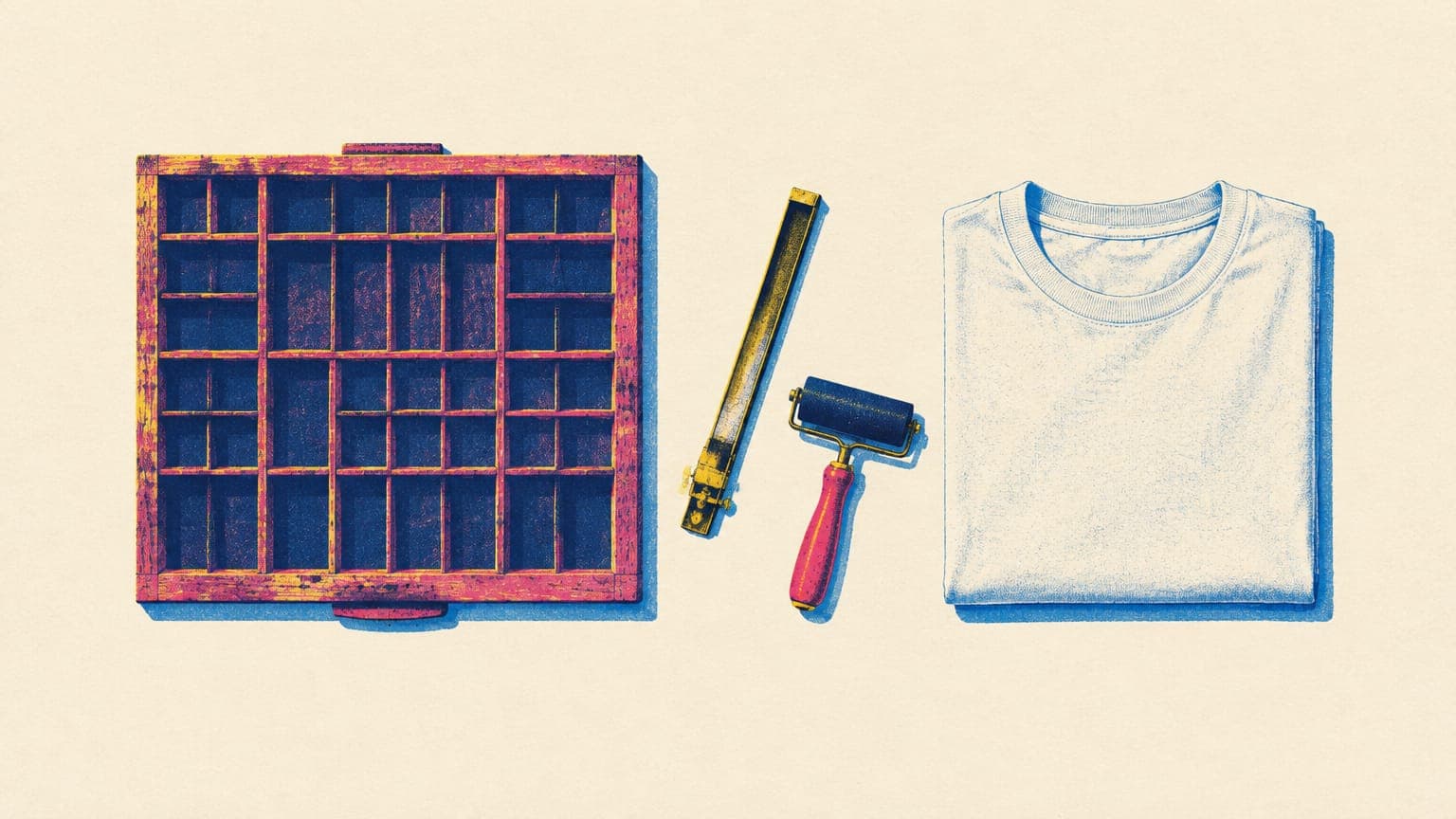 Empty wooden type case with a composing stick and ink roller next to a folded t-shirt