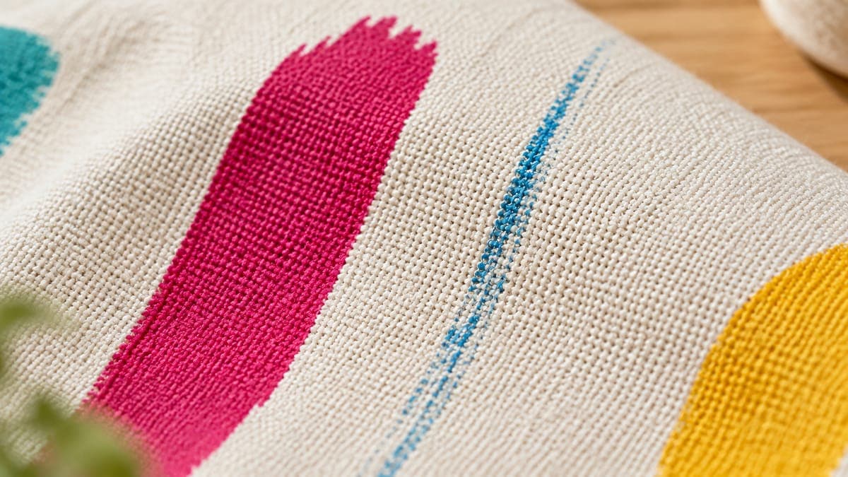 Macro view of cotton fabric with a thick solid printed stroke next to a thin stroke breaking up in the weave