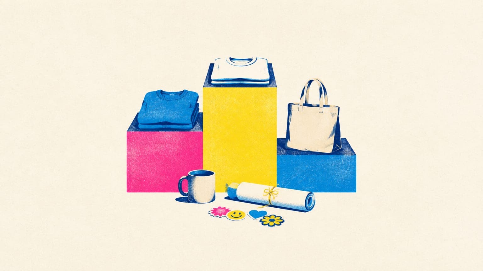Illustration of a podium with a folded t-shirt, sweatshirt and tote bag, with a mug, rolled poster and stickers below