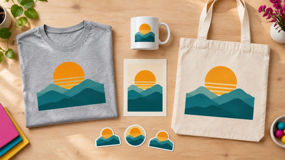 Flat lay of a t-shirt, mug, tote bag, poster and stickers that all share one simple sunset design
