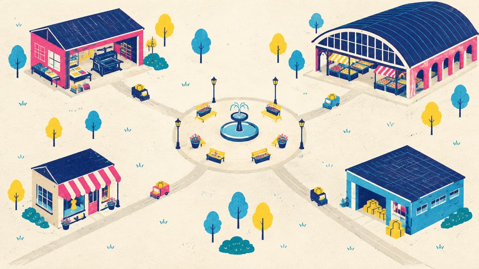 Bird's-eye view of a small town with roads to a print workshop, a market hall, a boutique and a warehouse, parcels on the roads