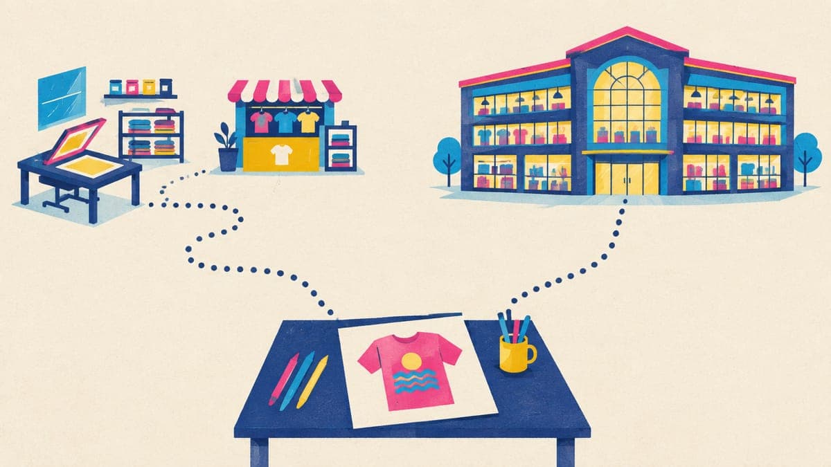 A design sketch with two dotted paths, one to a workshop and small shop counter, one into a big marketplace building