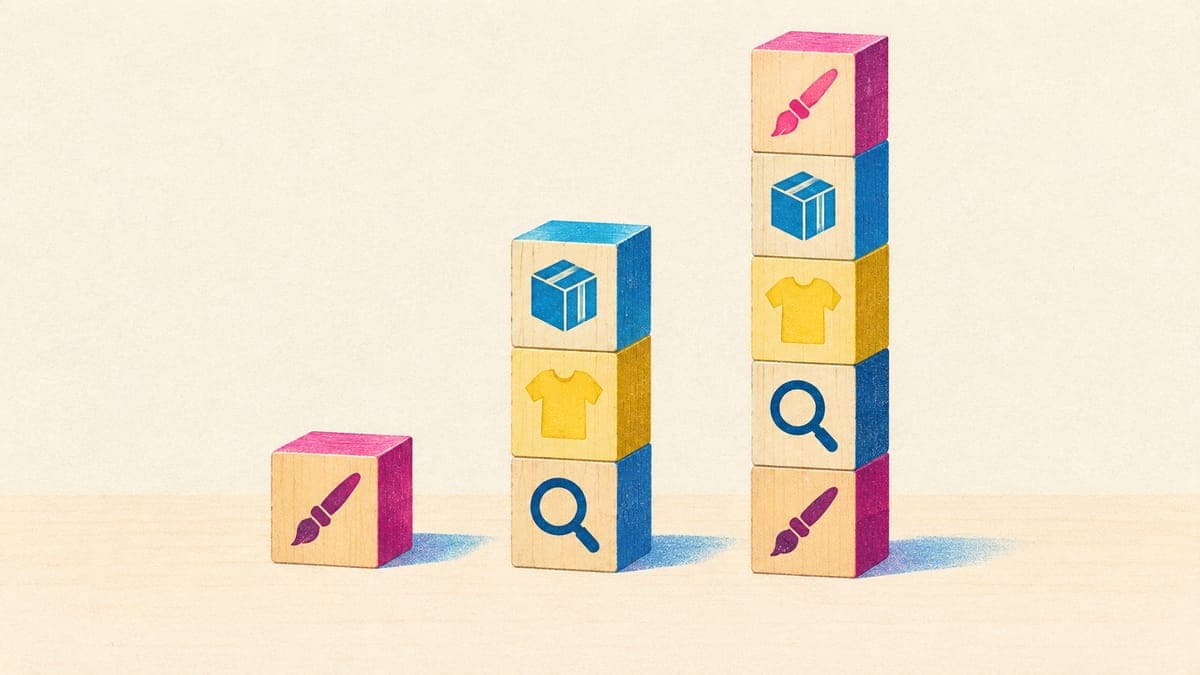 Three stacks of wooden blocks of increasing height, each block with a simple tool pictogram