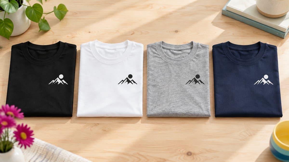 Four folded t-shirts in black, white, heather grey and navy, each with a small mountain and sun graphic