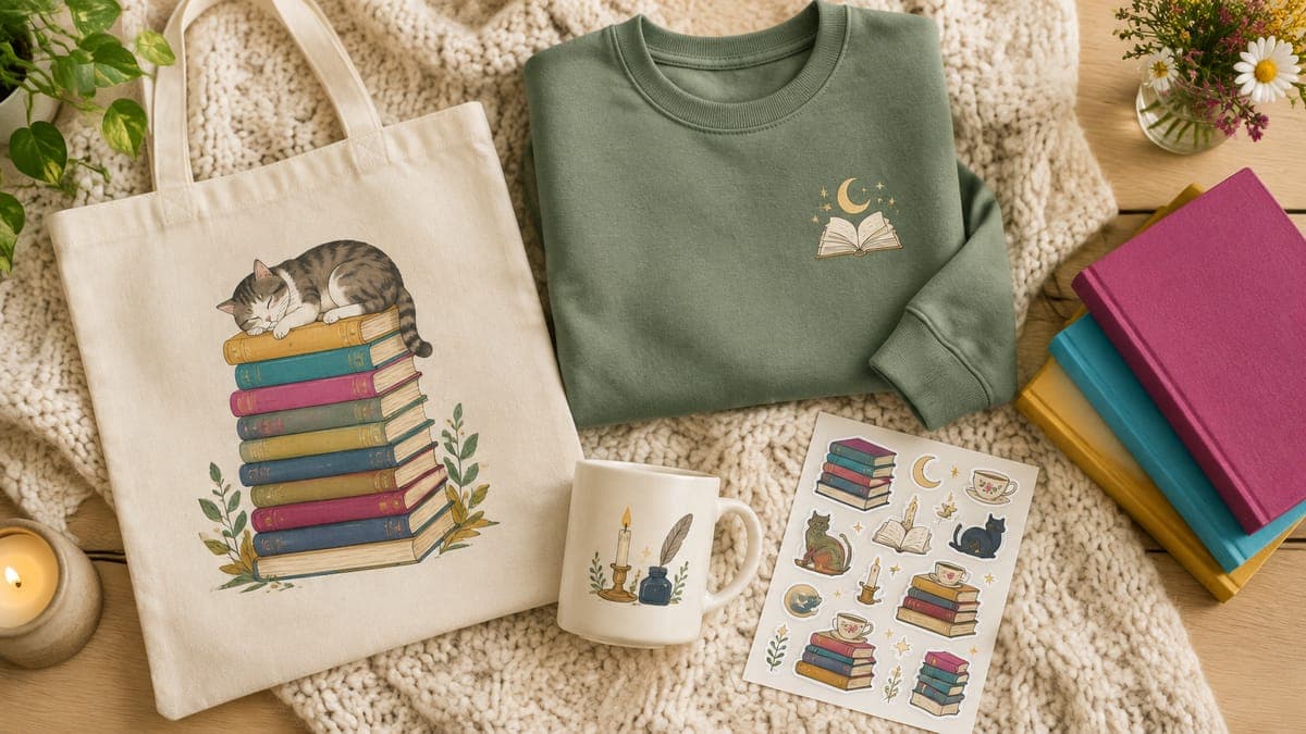 Flat lay of a book-themed tote, sage sweatshirt, mug and sticker sheet beside plain books on a knit blanket