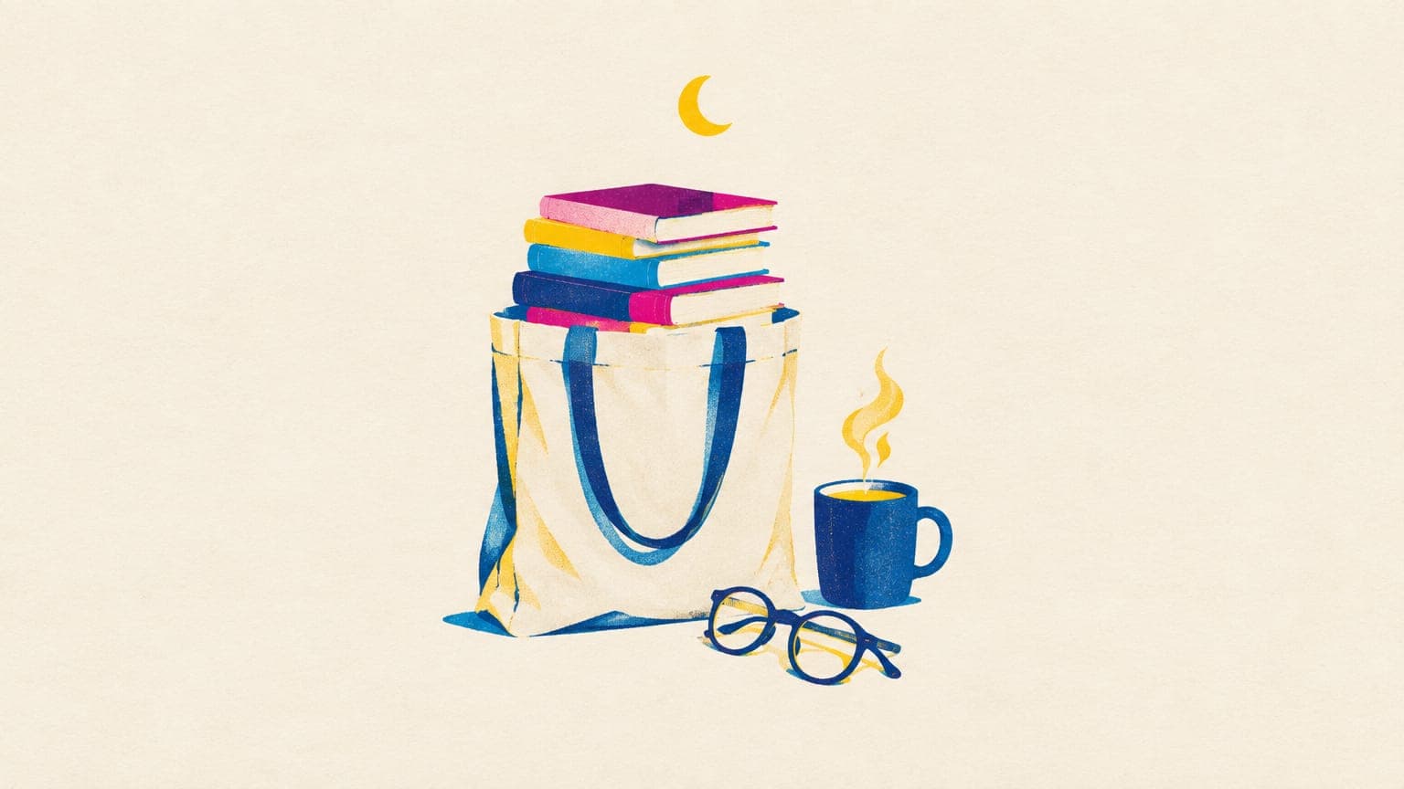 A canvas tote bag overflowing with plain books next to a mug and reading glasses