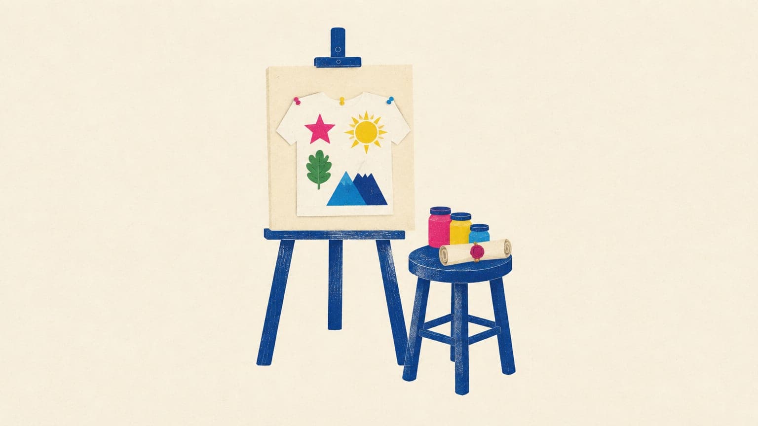 Easel with a paper t-shirt shape decorated with cut-out star, leaf, sun and mountain shapes, beside a sealed scroll
