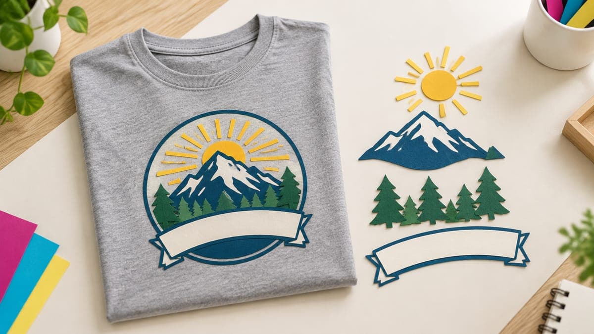 Gray t-shirt with a badge of mountain, pines and sun, beside the separate paper shapes used to build it