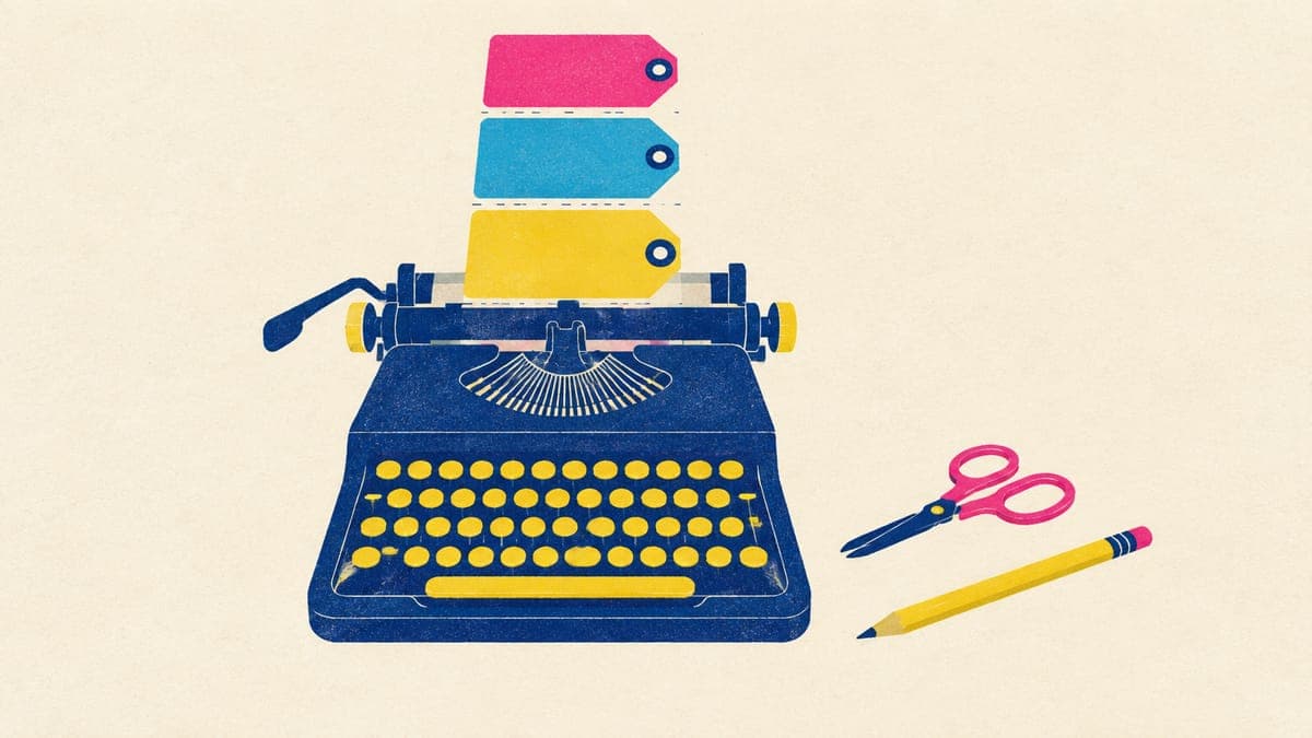 Vintage typewriter feeding out three blank paper shipping tags, with scissors and a pencil beside it