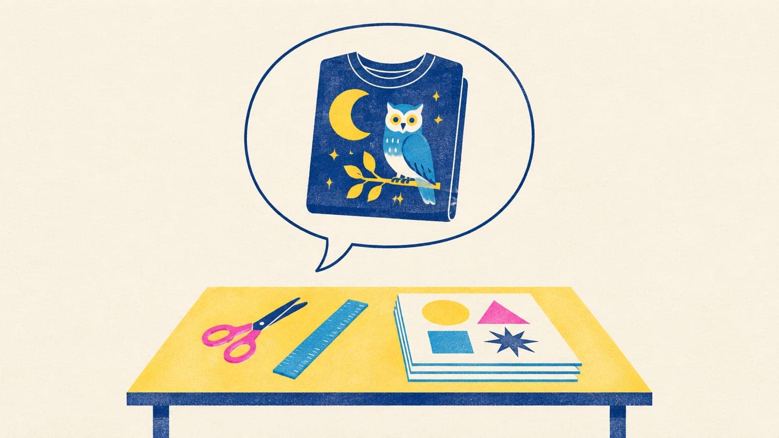 Speech bubble above a desk containing a folded t-shirt with an owl and moon motif, with scissors and a ruler below