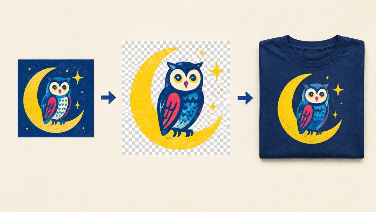 Three steps: small owl draft, cleaned cut-out graphic on a transparency grid, and the printed navy t-shirt