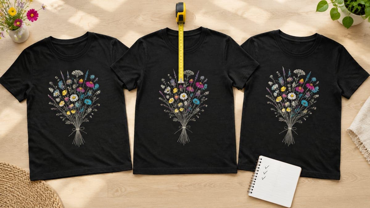 Three black t-shirts with the same wildflower print laid side by side, a tape measure running from collar to print
