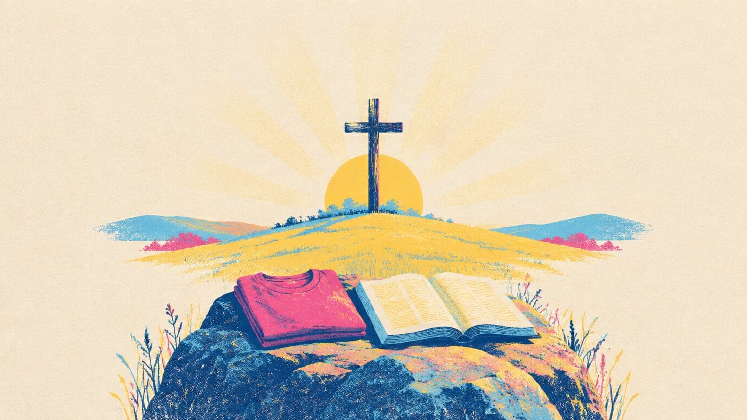 A wooden cross on a hill at sunrise with a folded t-shirt and an open book on a stone in front