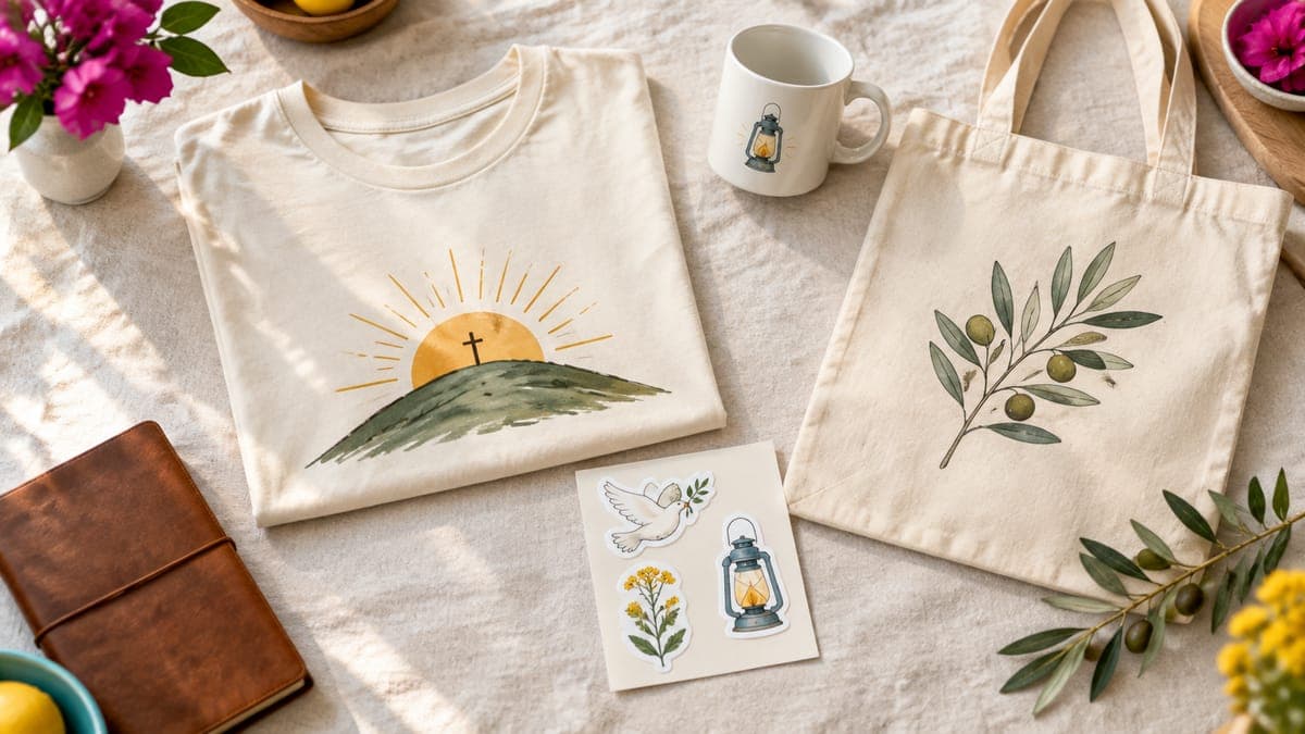 Flat lay of a cream tee with a sunrise and cross, a canvas tote, a mug and a sticker sheet on linen