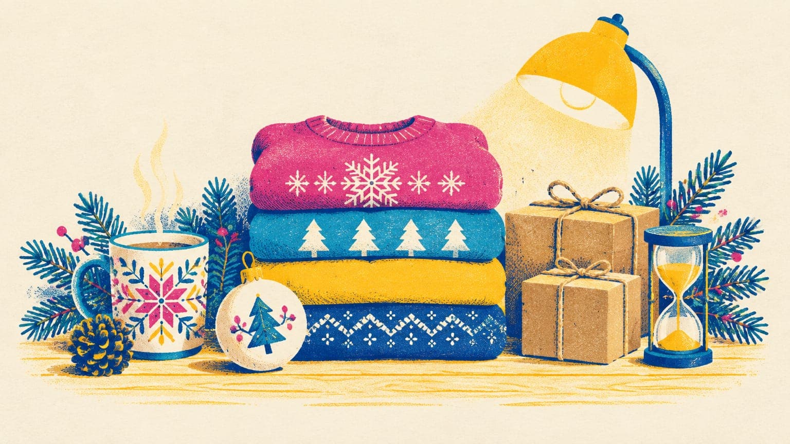 Winter table with folded sweatshirts, an ornament, a mug, wrapped parcels, pine branches and an hourglass