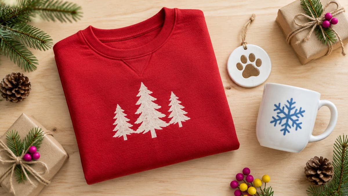 Red sweatshirt with a pine tree motif, a paw print ornament and a snowflake mug among pine sprigs and parcels