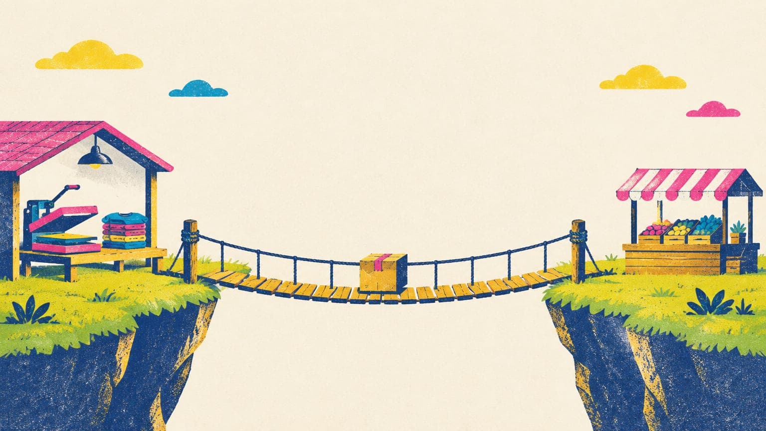 Rope bridge linking a tiny print shop on one cliff to a market stall on the other, with a parcel crossing