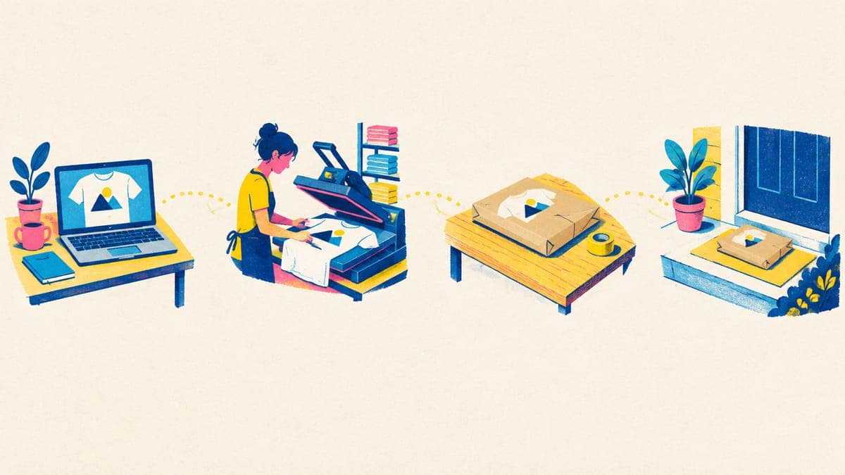 Dotted path from a laptop with a t-shirt design to a print shop, a packed mailer on a table and a parcel on a doorstep