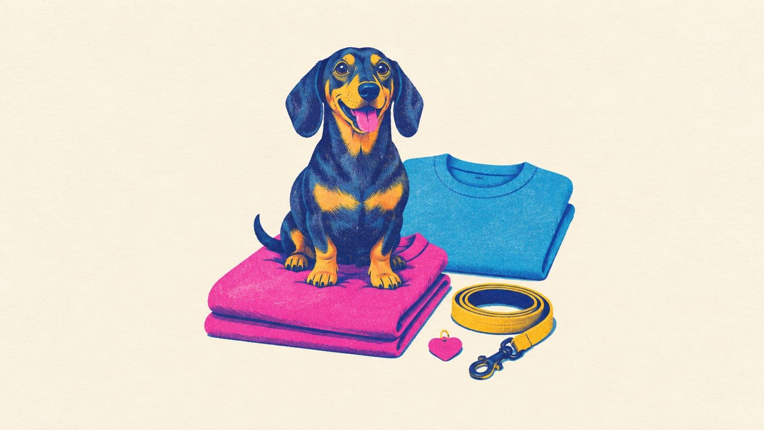 A dachshund sitting on a folded sweatshirt next to a leash and a heart-shaped name tag