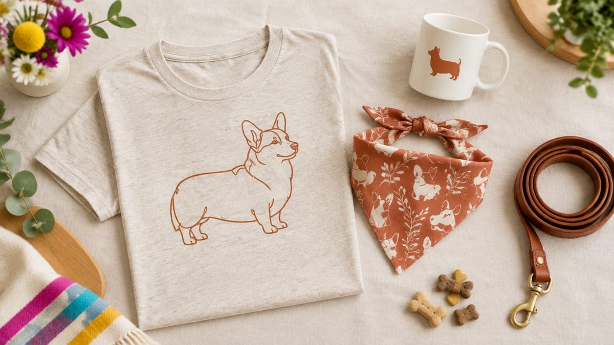 Flat lay of an oatmeal tee with a corgi line drawing, a matching dog bandana, a mug and a leash