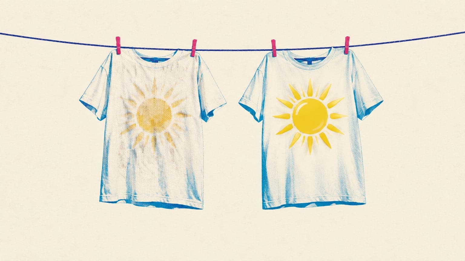 Two t-shirts on a clothesline, one with a soft faded sun print and one with a bright glossy sun transfer