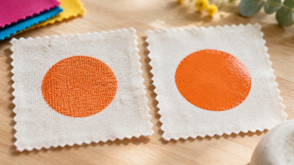 Macro of two fabric swatches: ink soaked into the weave on the left, a smooth glossy transfer layer on the right