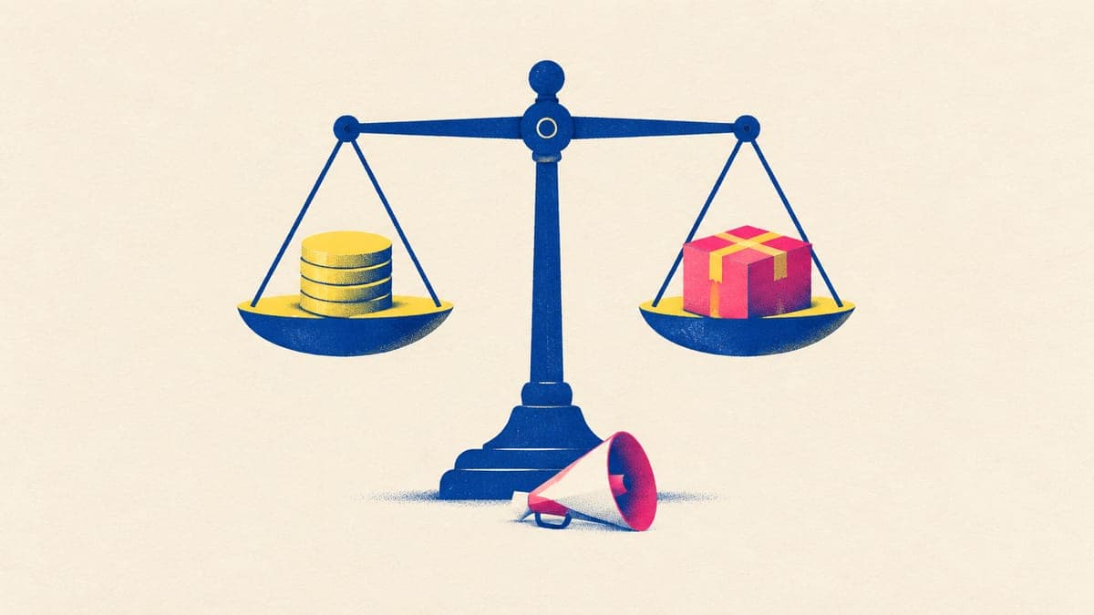 Level balance scale holding a stack of coins on one pan and a parcel box on the other, with a small megaphone