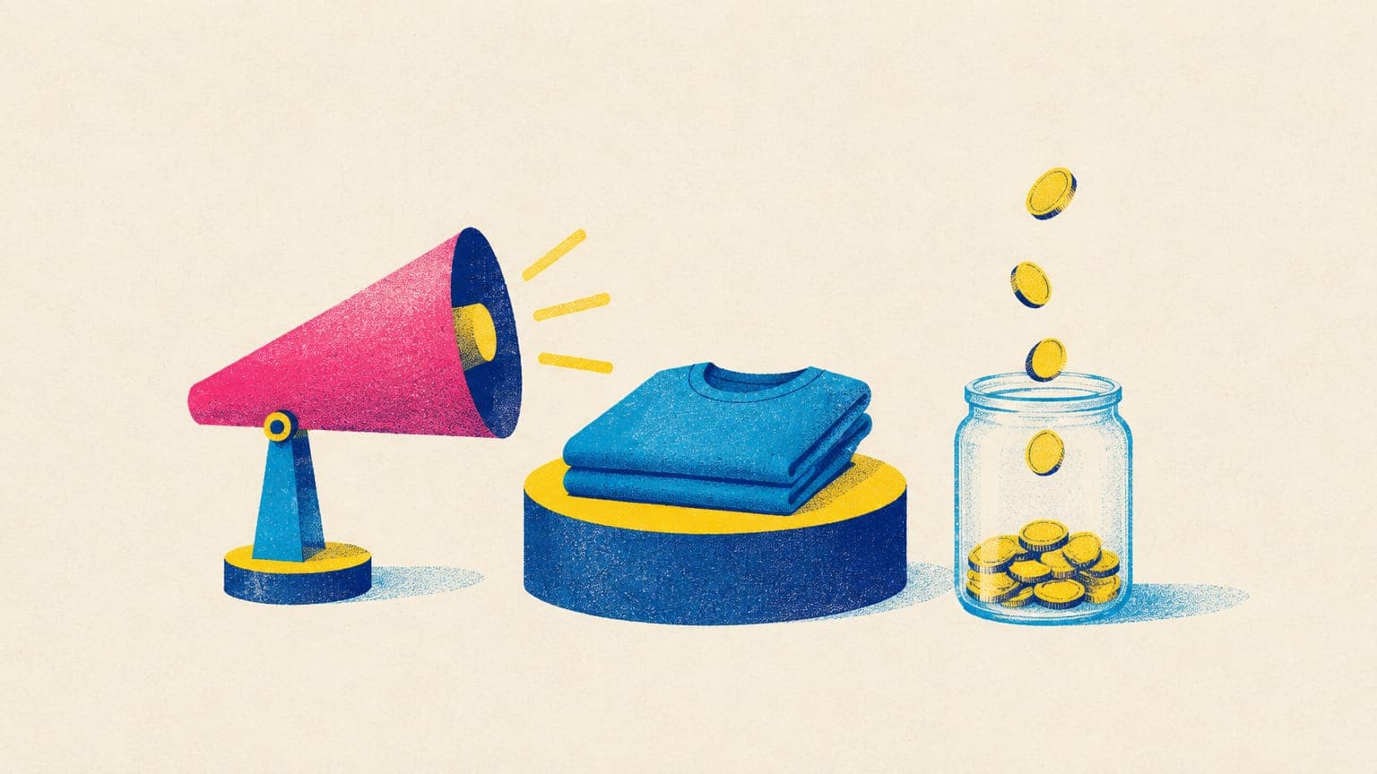 Illustration of a paper megaphone aimed at a folded t-shirt on a pedestal, with coins dropping into a glass jar