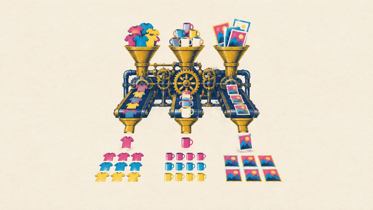 Vintage brass sorting machine dropping miniature t-shirts, mugs and posters into neat ordered rows