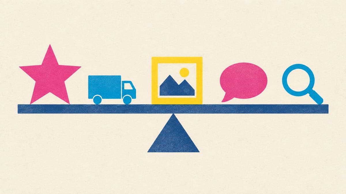 Weights shaped like a star, truck, frame, speech bubble and magnifier sitting on a long balance beam