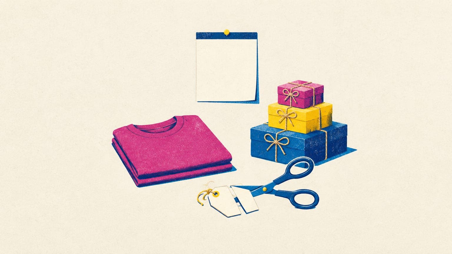Illustration of scissors cutting a blank price tag next to a folded t-shirt, wrapped gifts and a blank calendar page