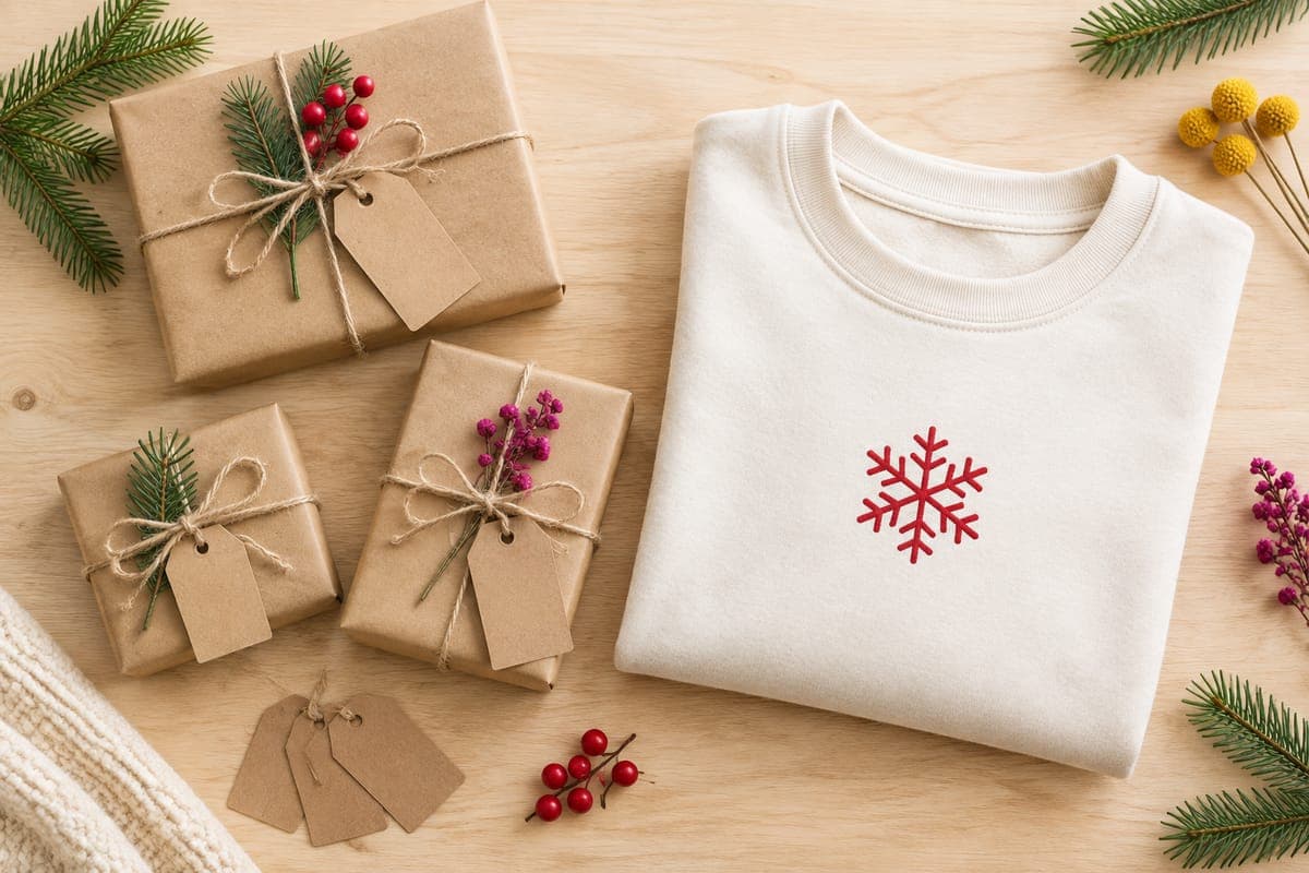 Kraft-wrapped gifts with blank tags and pine sprigs around a folded cream sweatshirt with a red snowflake motif