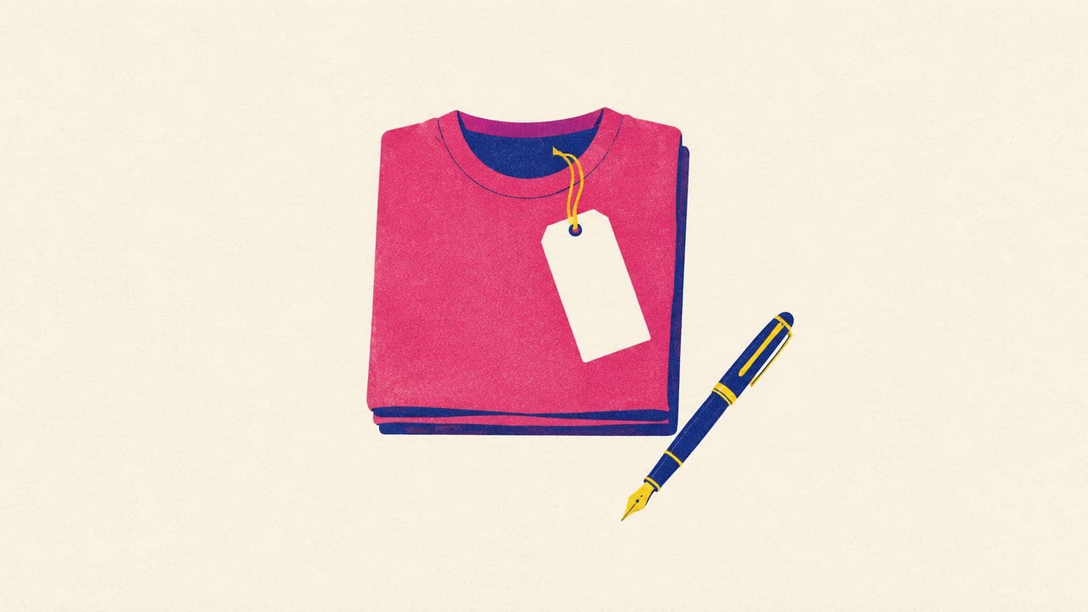 Folded t-shirt with a blank paper hang tag on a string and a fountain pen beside it