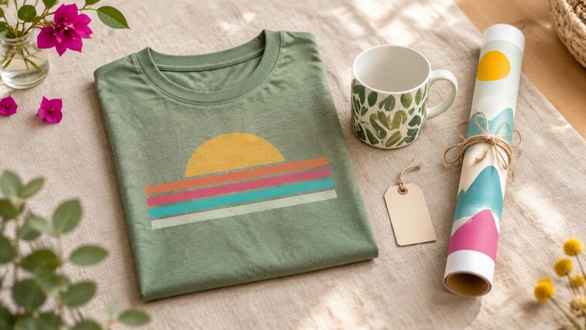 Flat lay of a folded t-shirt with a sunset graphic, a leaf-pattern mug and a rolled poster beside a blank tag