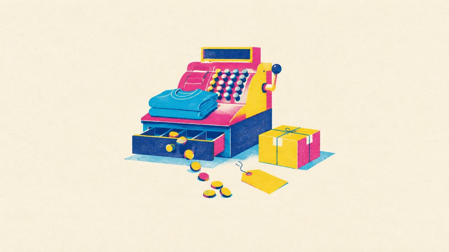 Vintage cash register with a folded t-shirt on the counter and coins rolling toward a parcel box and a price tag