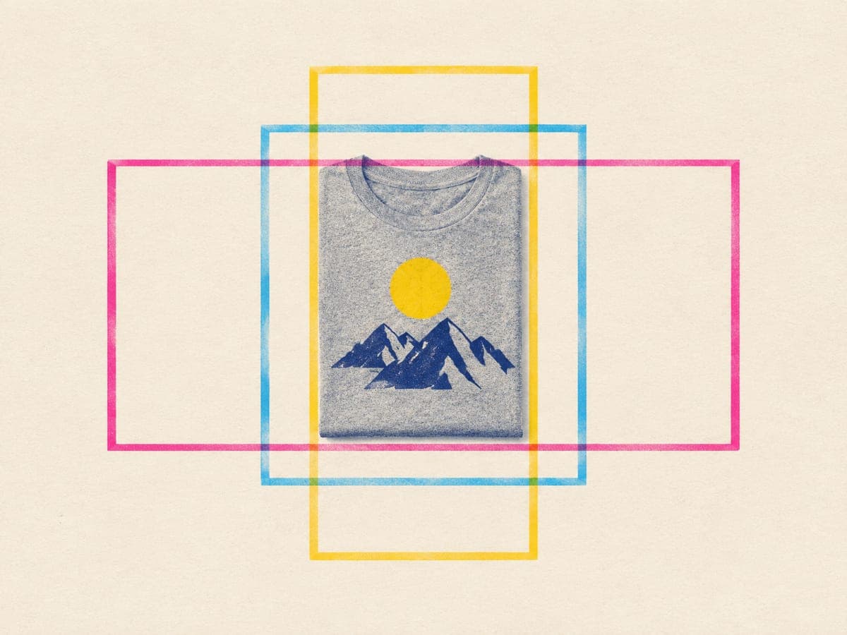 Folded t-shirt centered on a table with landscape, square and portrait crop frames overlaid on it