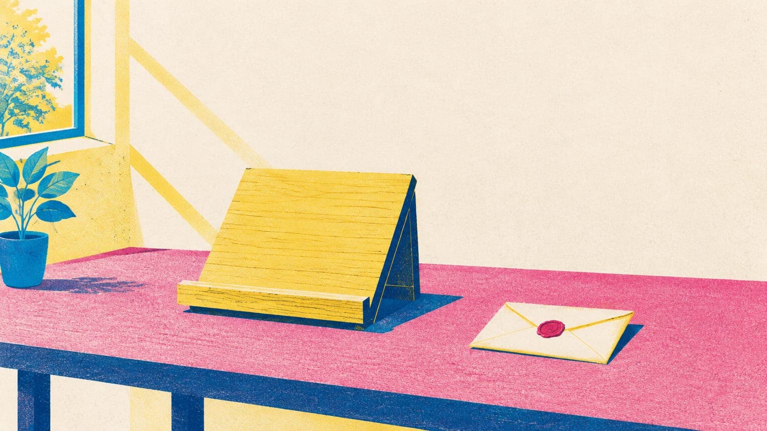 Empty display stand on a small shop table beside a sealed envelope with a red wax seal