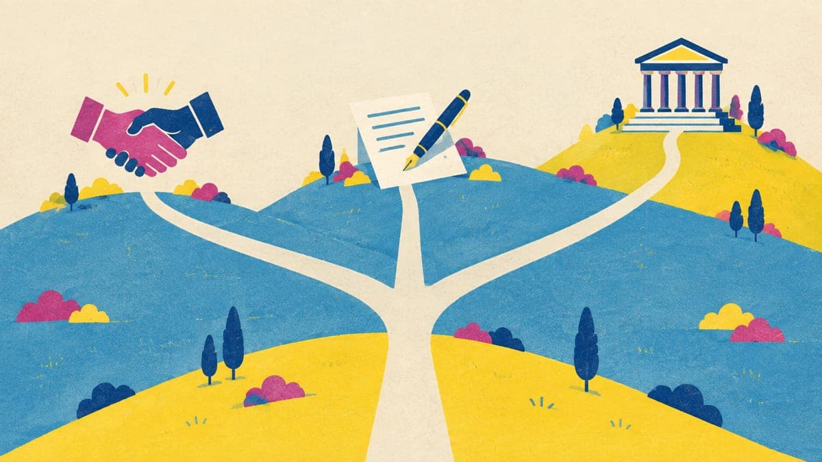 A footpath splitting three ways toward a handshake, a paper with a pen, and a small courthouse on a hill